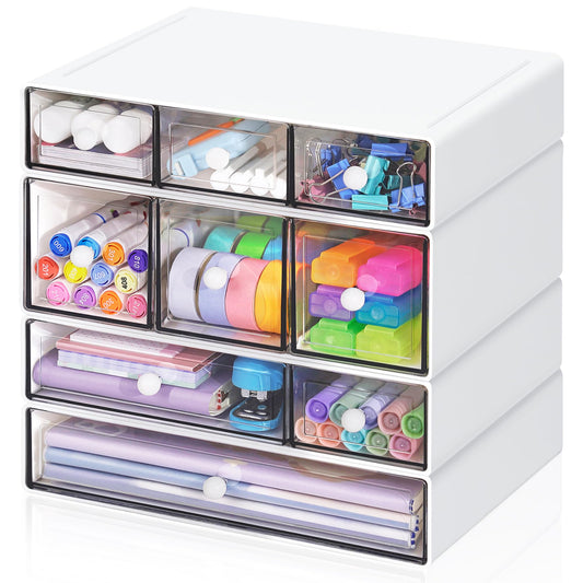 FODIENS Desk Storage Organizer with 9 Drawers, 4 Tiers Stackable Desktop Craft Storage Drawers