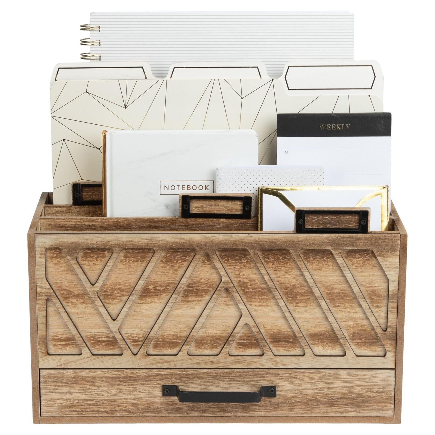 BLU MONACO | Natural Wood Desktop Mail Organizer with Drawer | Three-Tier Mail Sorter with Black