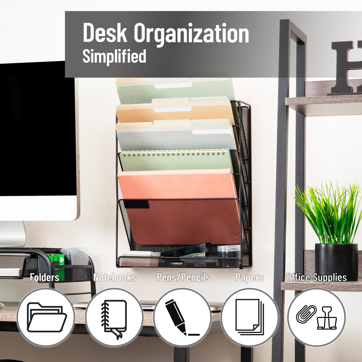 Mind Reader 5-Pocket Vertical File Storage, Desktop Organizer, Wall Mount, Office, Metal Mesh, Black