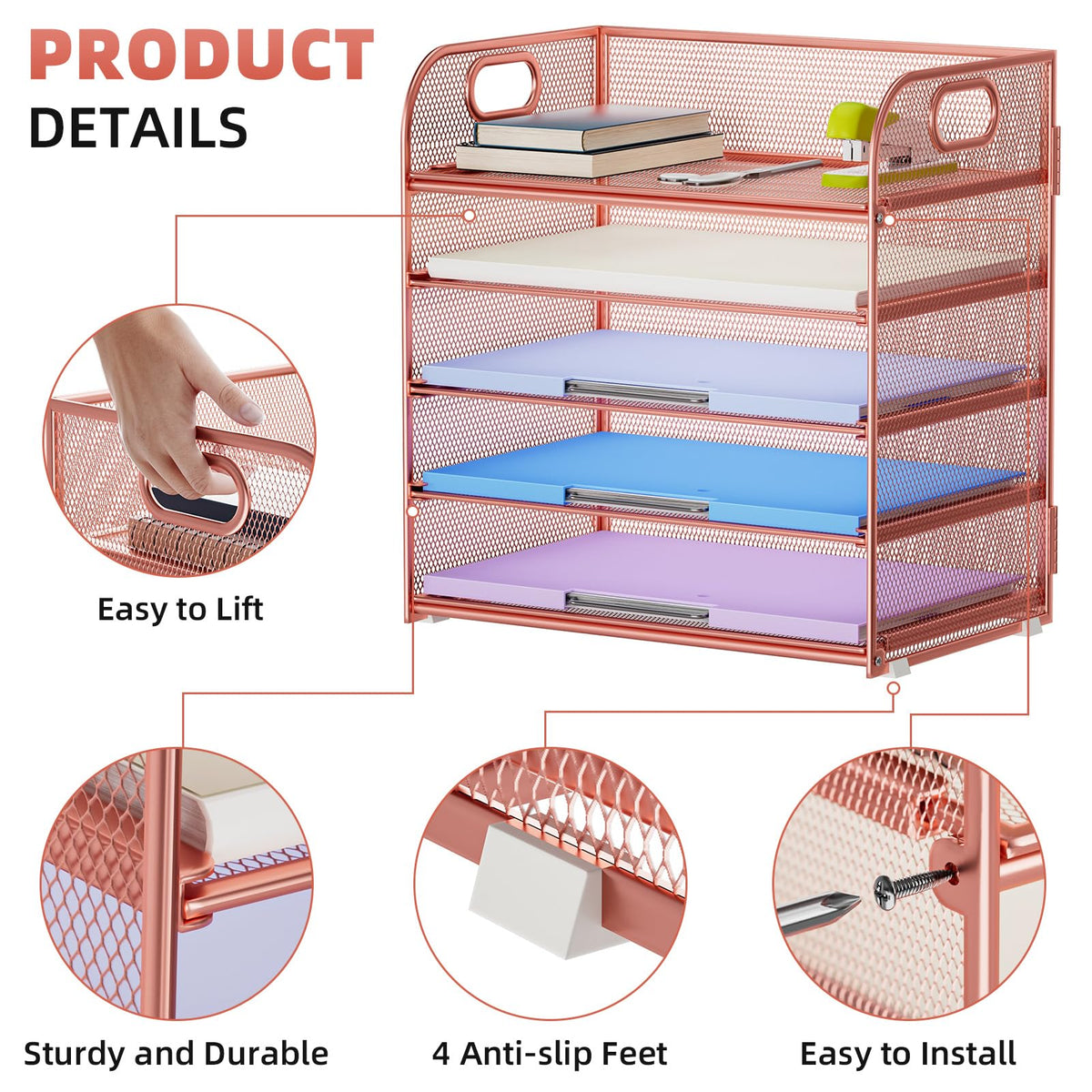Marbrasse 5 Tier Paper Organizer Letter Tray, Mesh Desk File Organizer with Handle, Paper Sorter