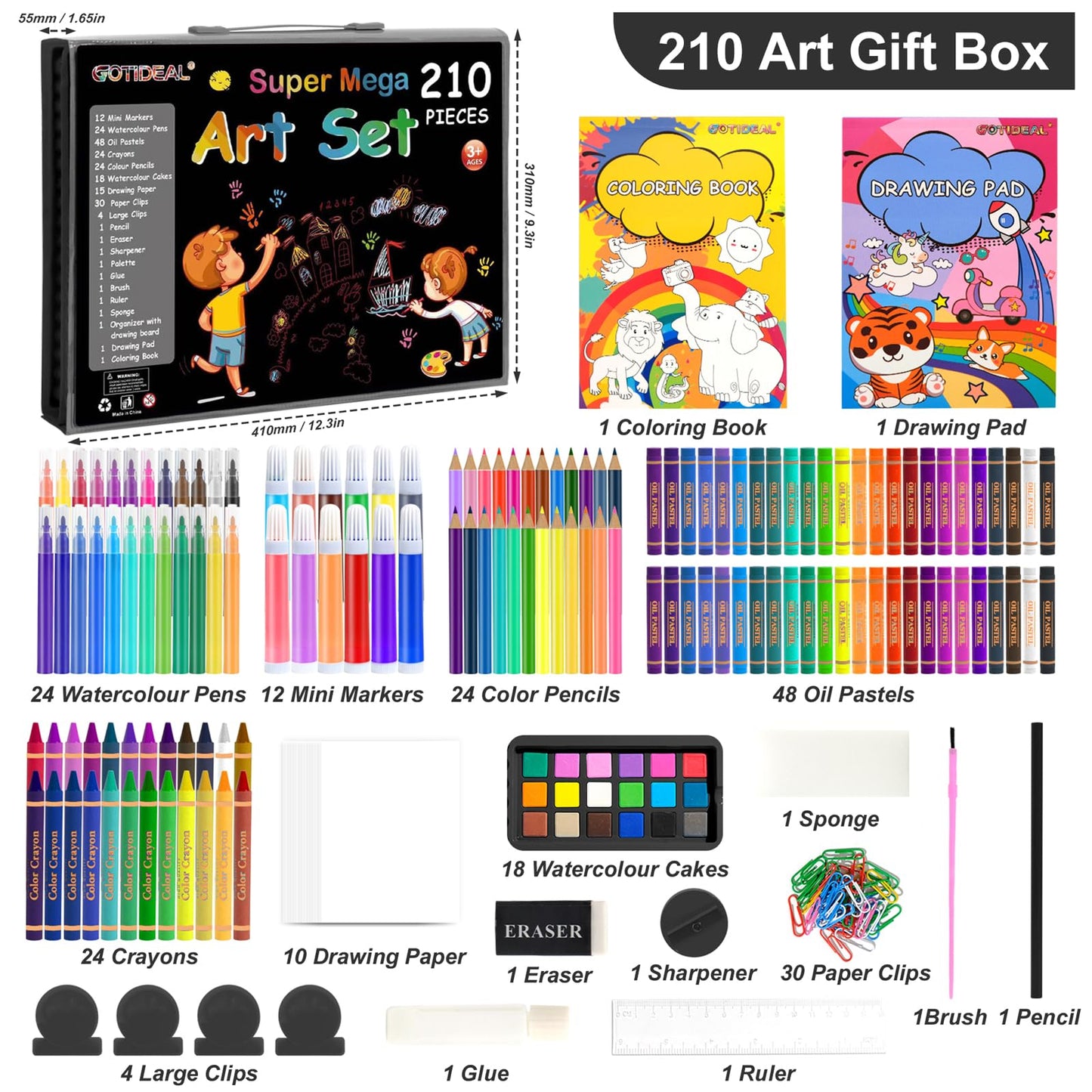 GOTIDEAL Kids Art Kit, Art Supplies for Kids, 210 PCS Art Set, Black