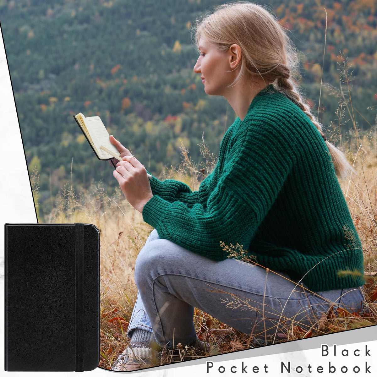Qeeenar 10 Pcs Mini Pocket Notebook, Solid Color, Black