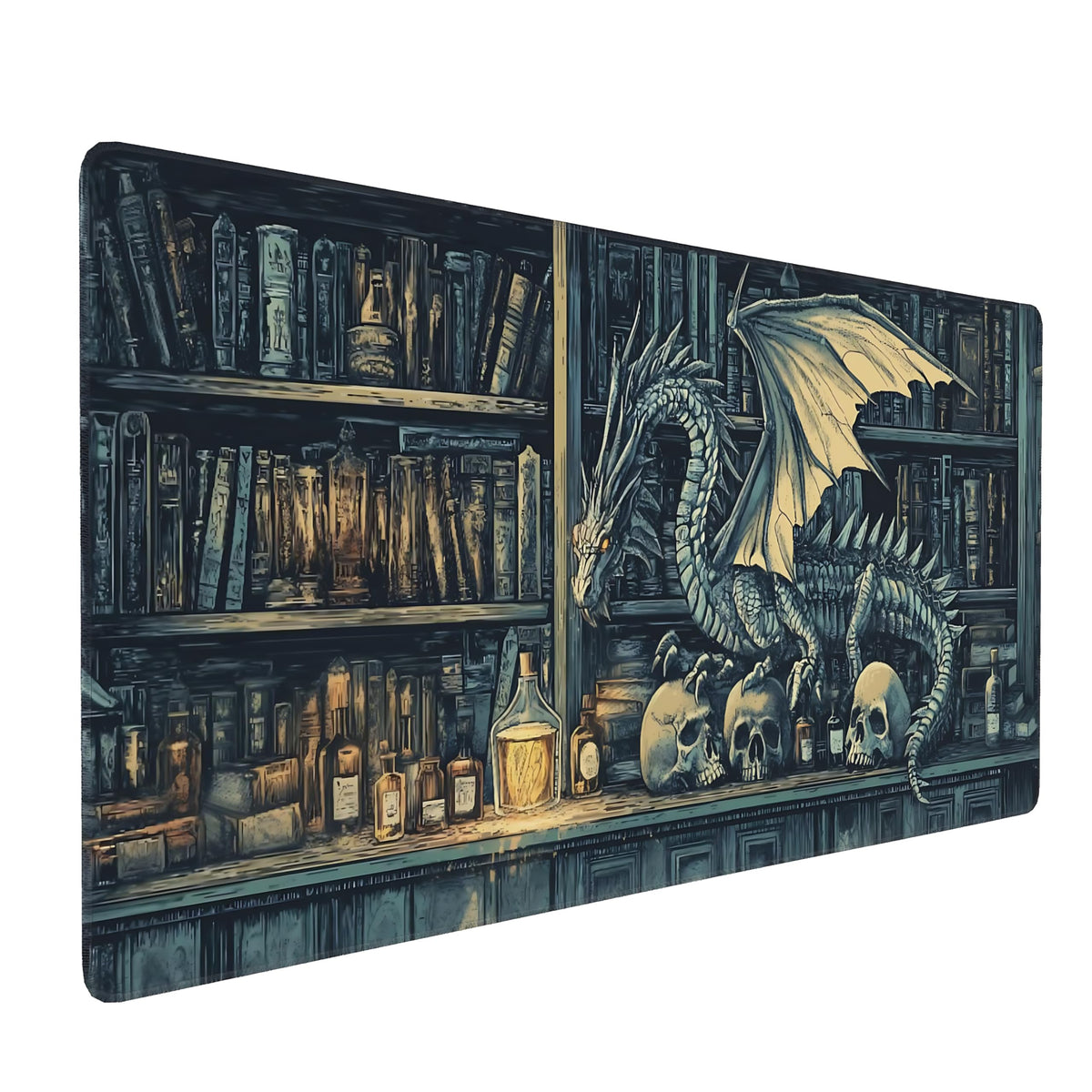 Aesthetic Dragon Gaming Mouse Pad, Deep Teal Gothic Desk Mat with Anti-Slip Base & Stitched Edges