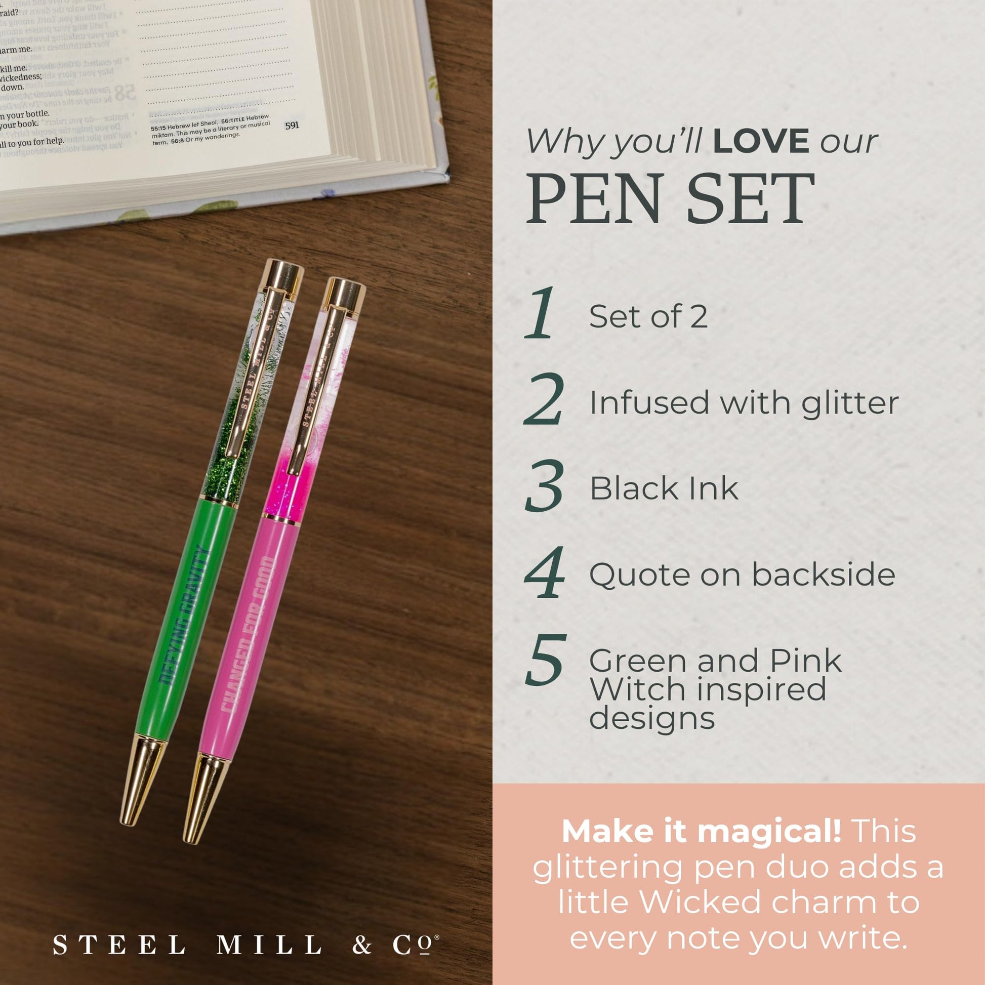 Steel Mill & Co. Glitter Bomb Pen Set of 2, Pink and Green