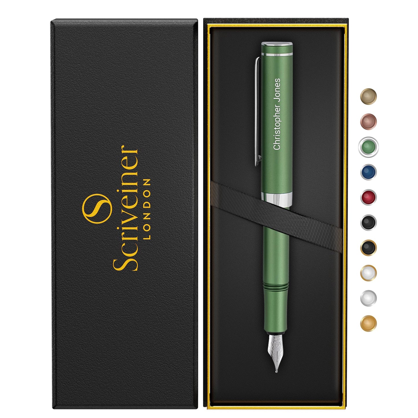 Scriveiner Personalized Luxury EDC Fountain Pen (Medium), Stunning Matt Green Pocket Pen, Chrome