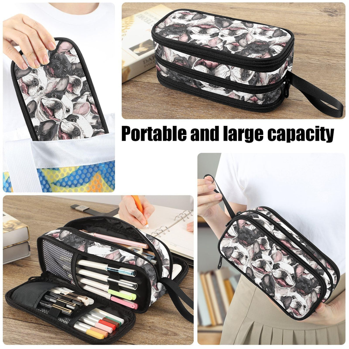 Fustylead Smiling Funny Boston Terrier Dog Pencil Pen Case with 3 Compartments, Lightweight &