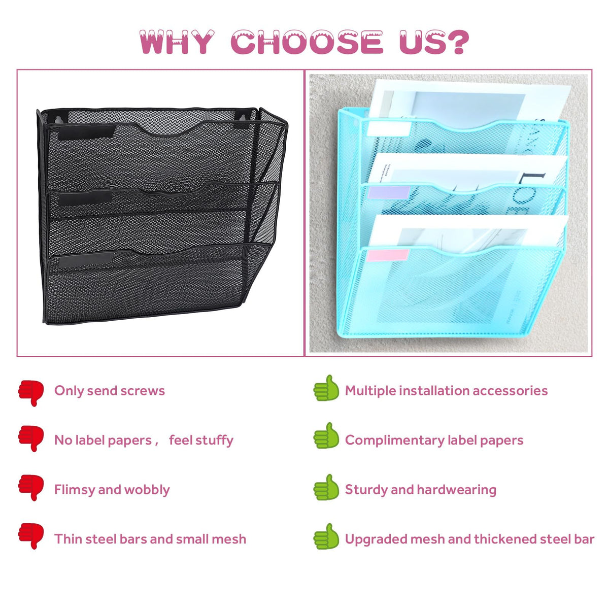 ideallife 3 Pockets Mesh Wall File Holder Organizer Office Hanging File Folder Magazine Rack