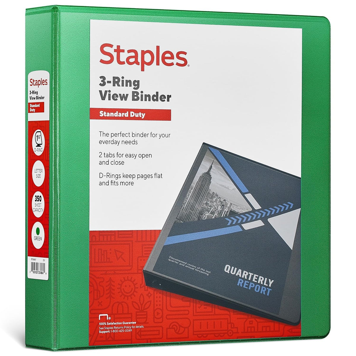 Staples Standard View Binder, 1.5-Inch Round Ring, Green, 300 Sheets