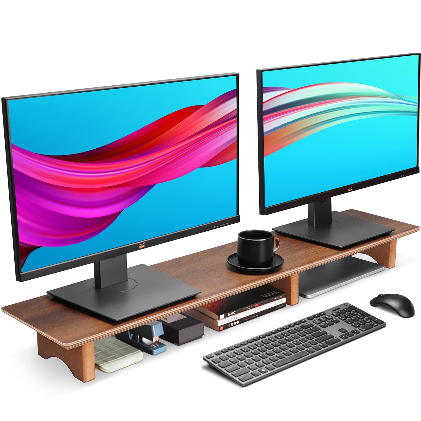 Aothia 43 inch Black Walnut Finish Dual Monitor Stand for Desk, Cork Legs
