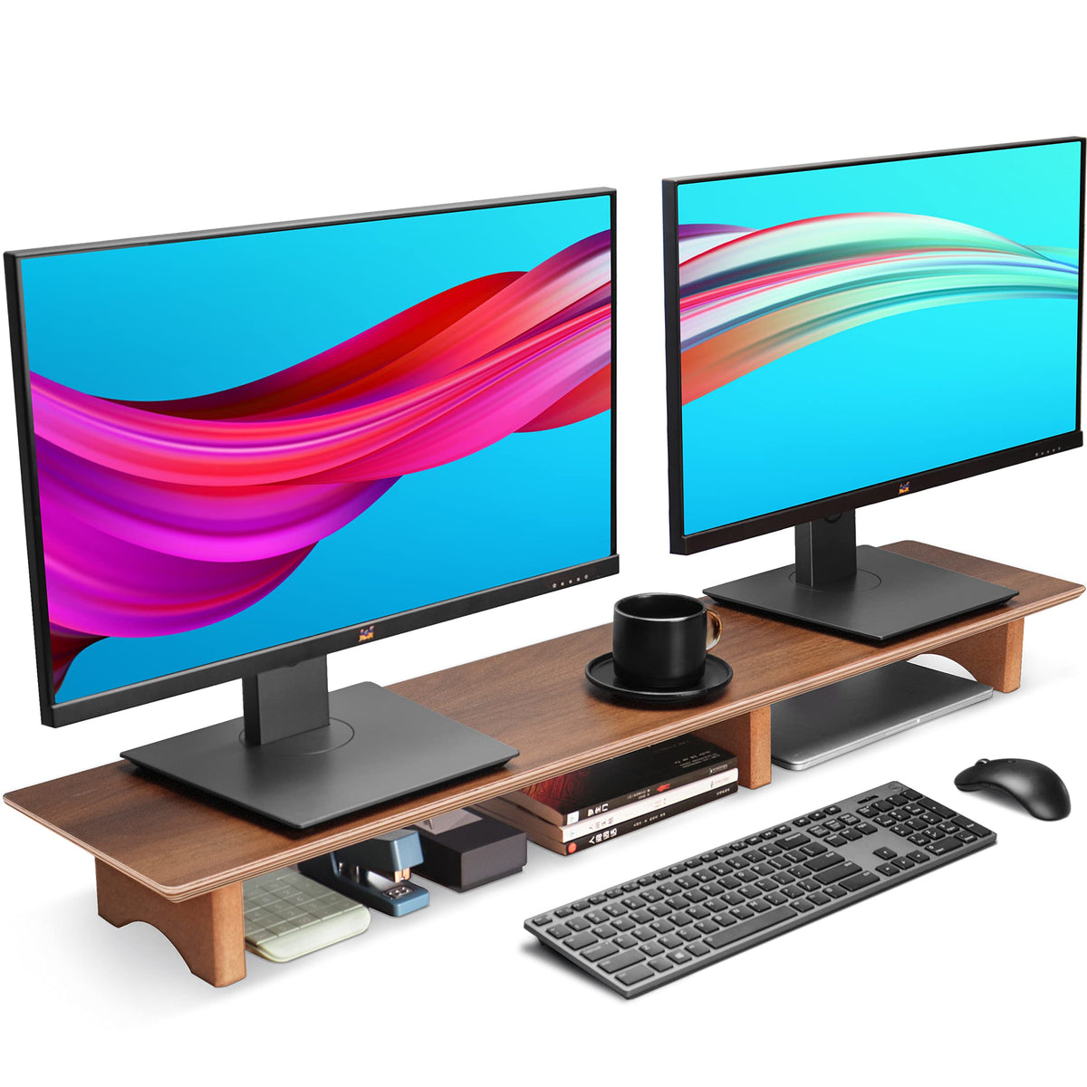Aothia 43 inch Black Walnut Finish Dual Monitor Stand for Desk, Cork Legs
