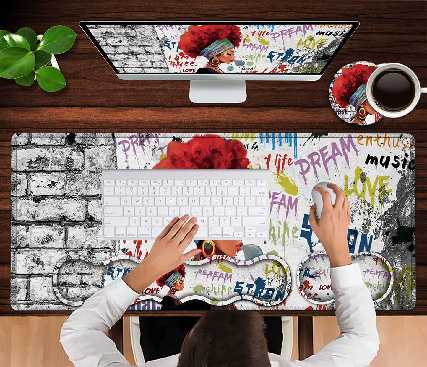 African Black Woman Graffiti Girls Desk Mat, Extended White Laptop Table Protector, Ergonomic Mouse