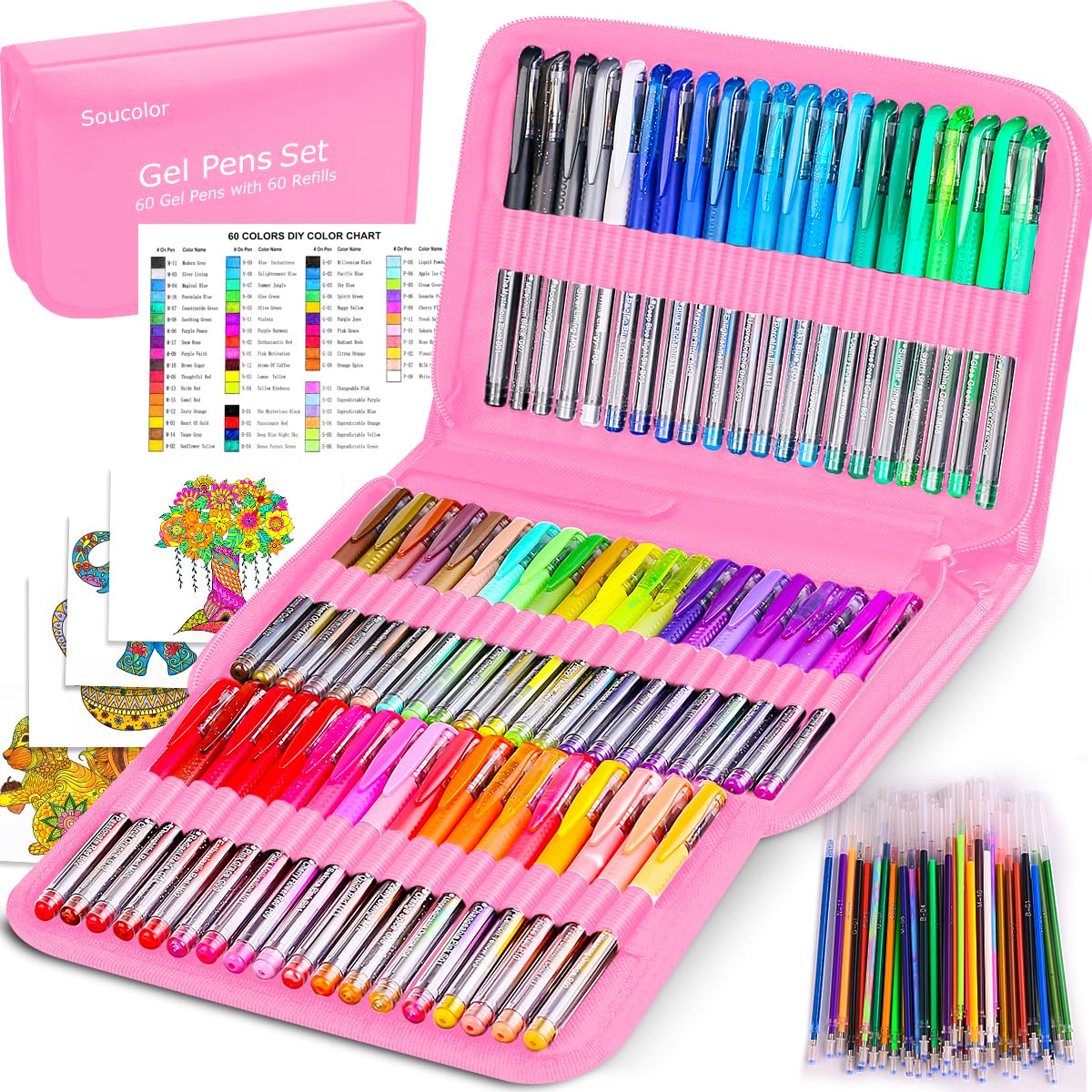 Soucolor 120 Gel Pens Set, Metallic Glitter Pastel,Refills,Drawing Kit Gift
