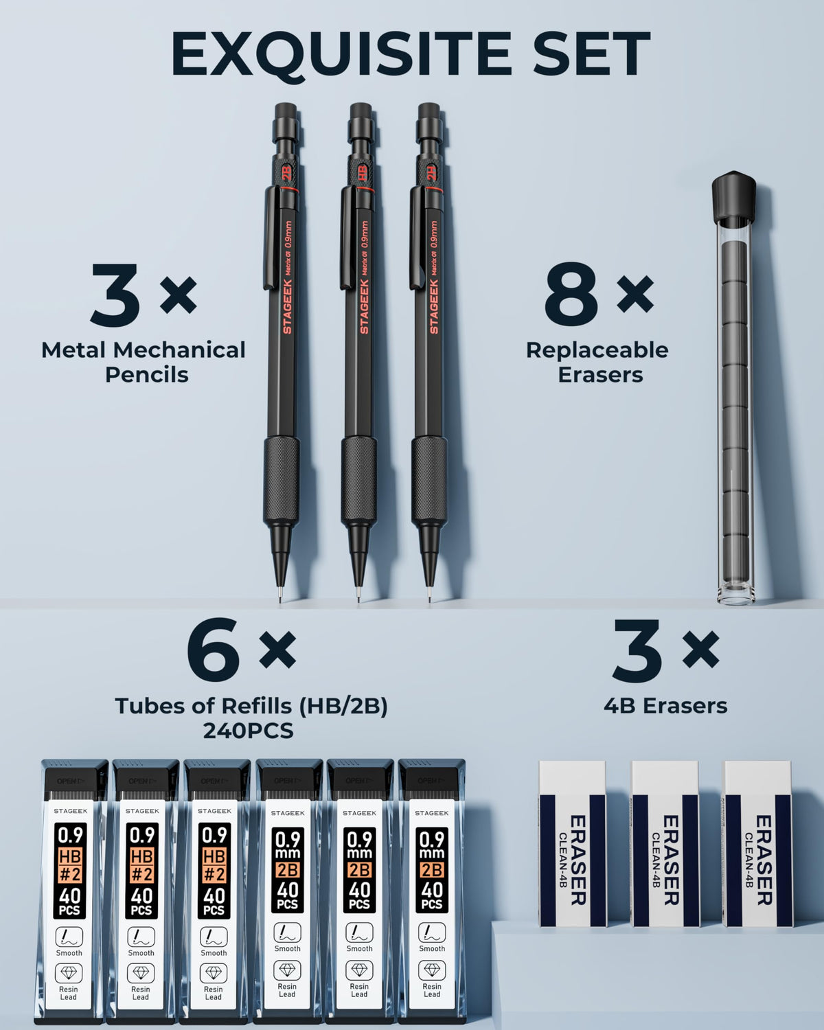 STAGEEK Black Meal Mechanical Pencil Set, 3-Pack, 0.9mm, Storage Case
