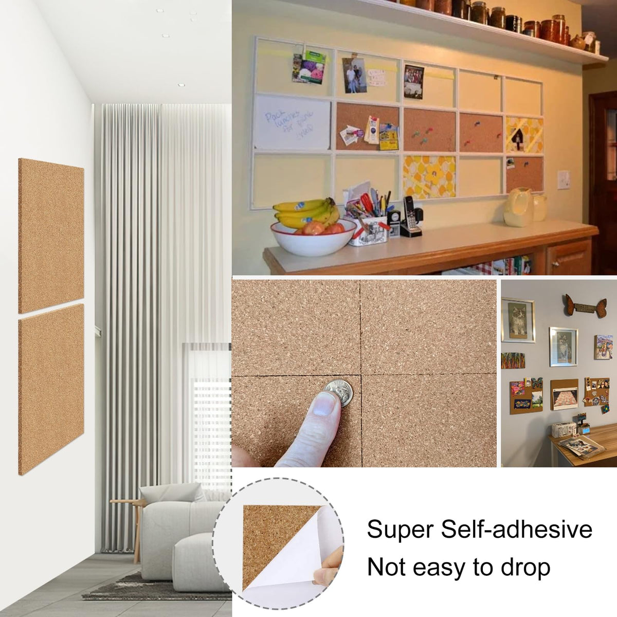 NACHLYNN Cork Board 6 Pack 12 x 12 Self-Adhesive Corkboards for Wall Square Bulletin Board with 100