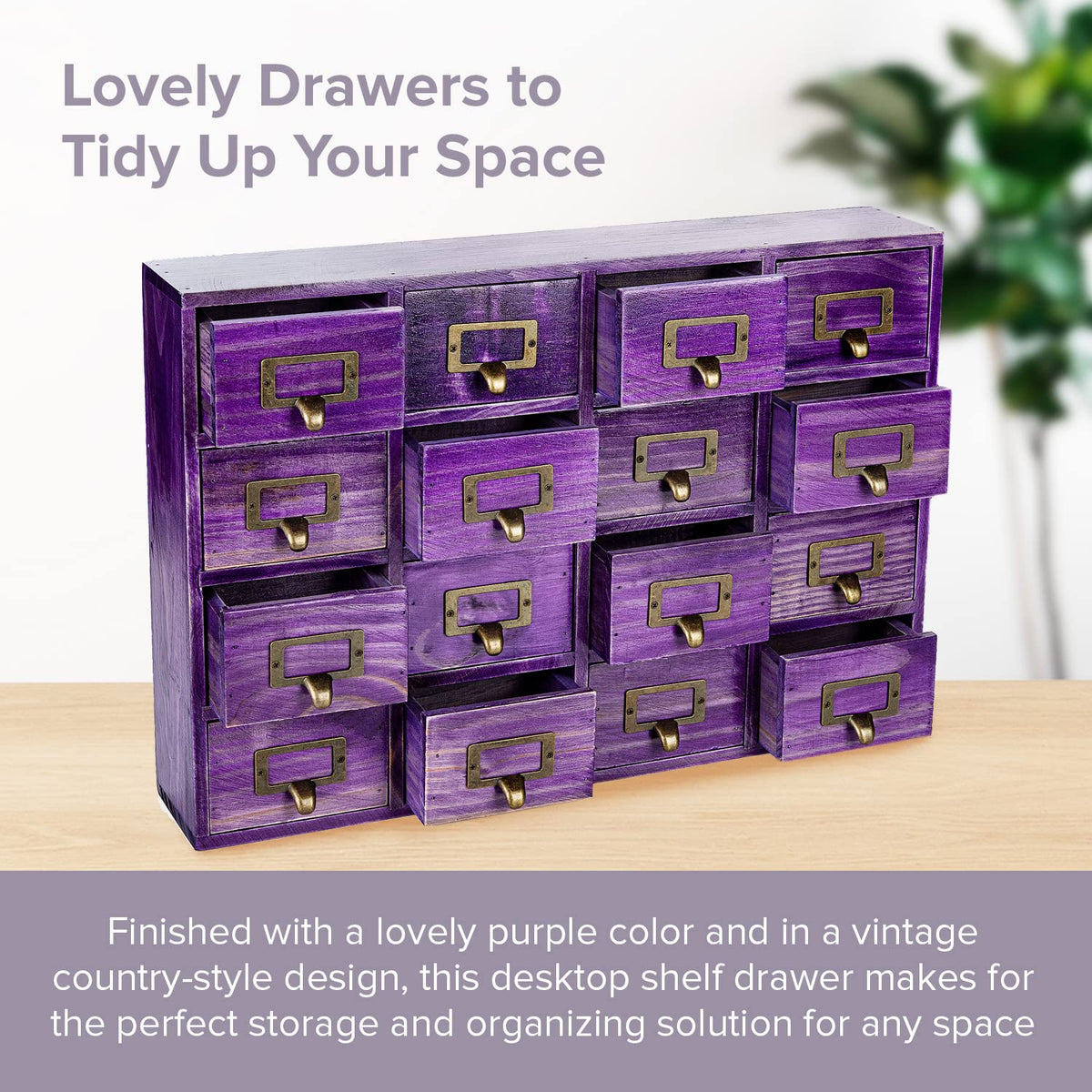 Purple 16-Slot Wooden Drawer Unit - Country Style Desk Organizer Box - 20"x3.6”x14” Wooden Storage