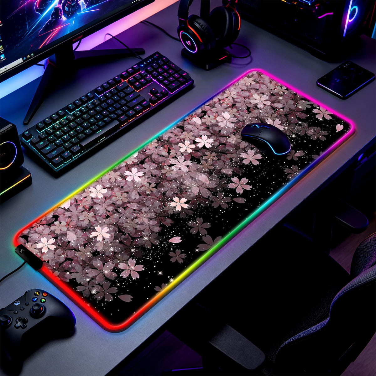 JIANG100 RGB Japanese Cherry Blossom Gaming Desk Mat & Mouse Pad, XL, Black