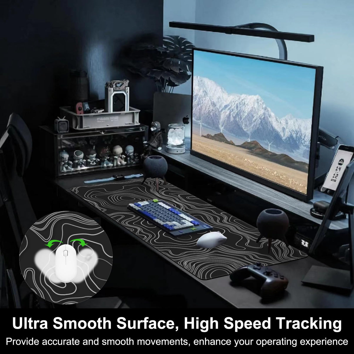 Mouse Pad, Large Mountain Topographic Terrain Map Desk Mat, Extended Non-Slip Gaming Keyboard