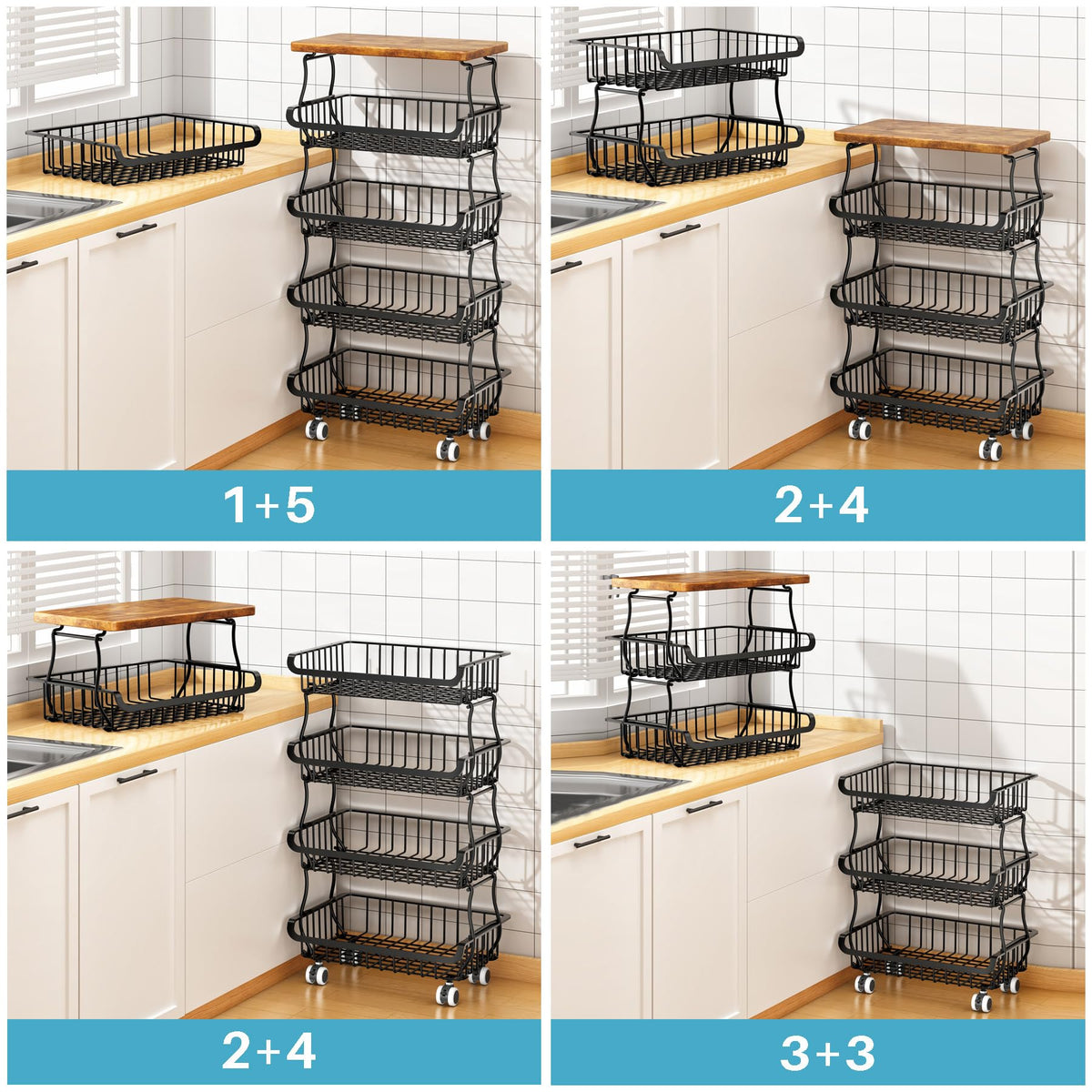 6 Tier Pantry Organizers and Storage Vegetable Fruit Basket for Kitchen, Stackable Flexible Design