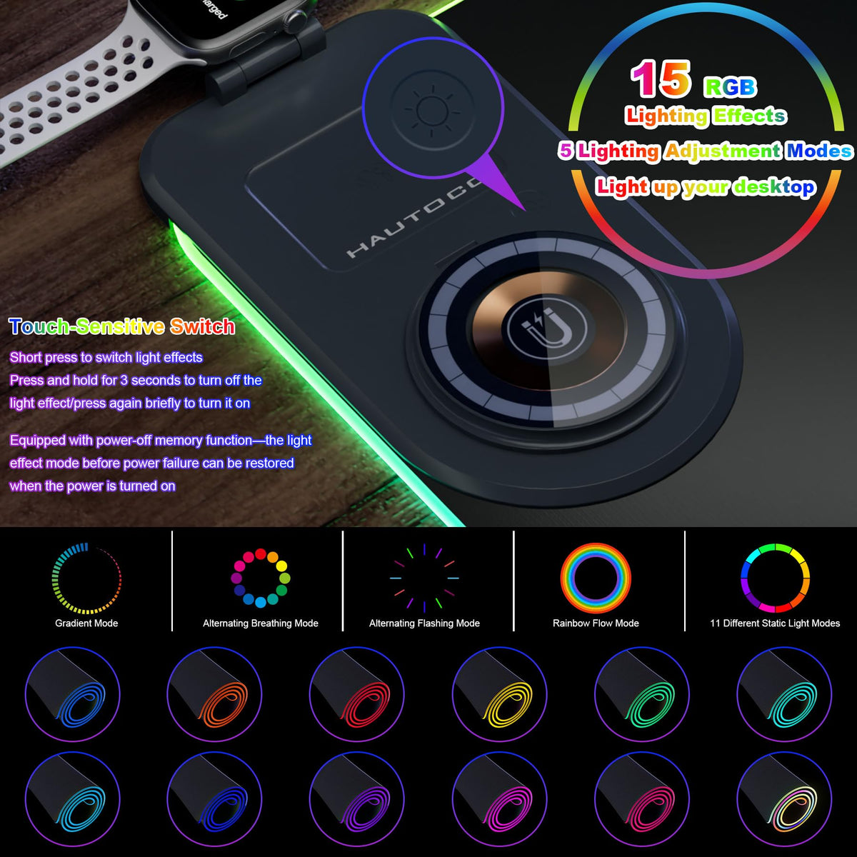 HAUTOCO Wireless Charging Mouse Pad, RGB Large Gaming Desk Mat