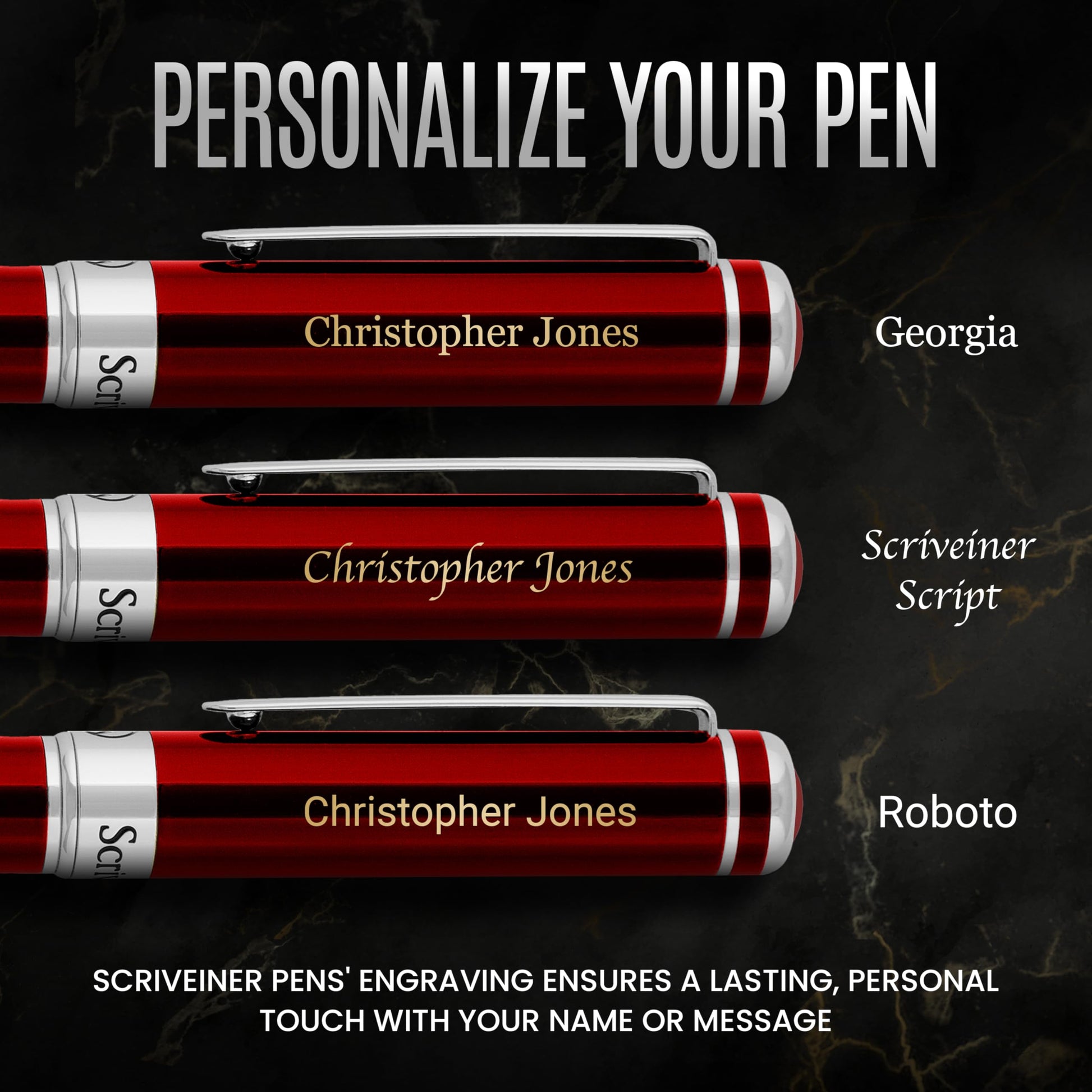 Scriveiner Personalized Deep Crimson Red Pen - Stunning Red Lacquer Luxury Pen with Chrome