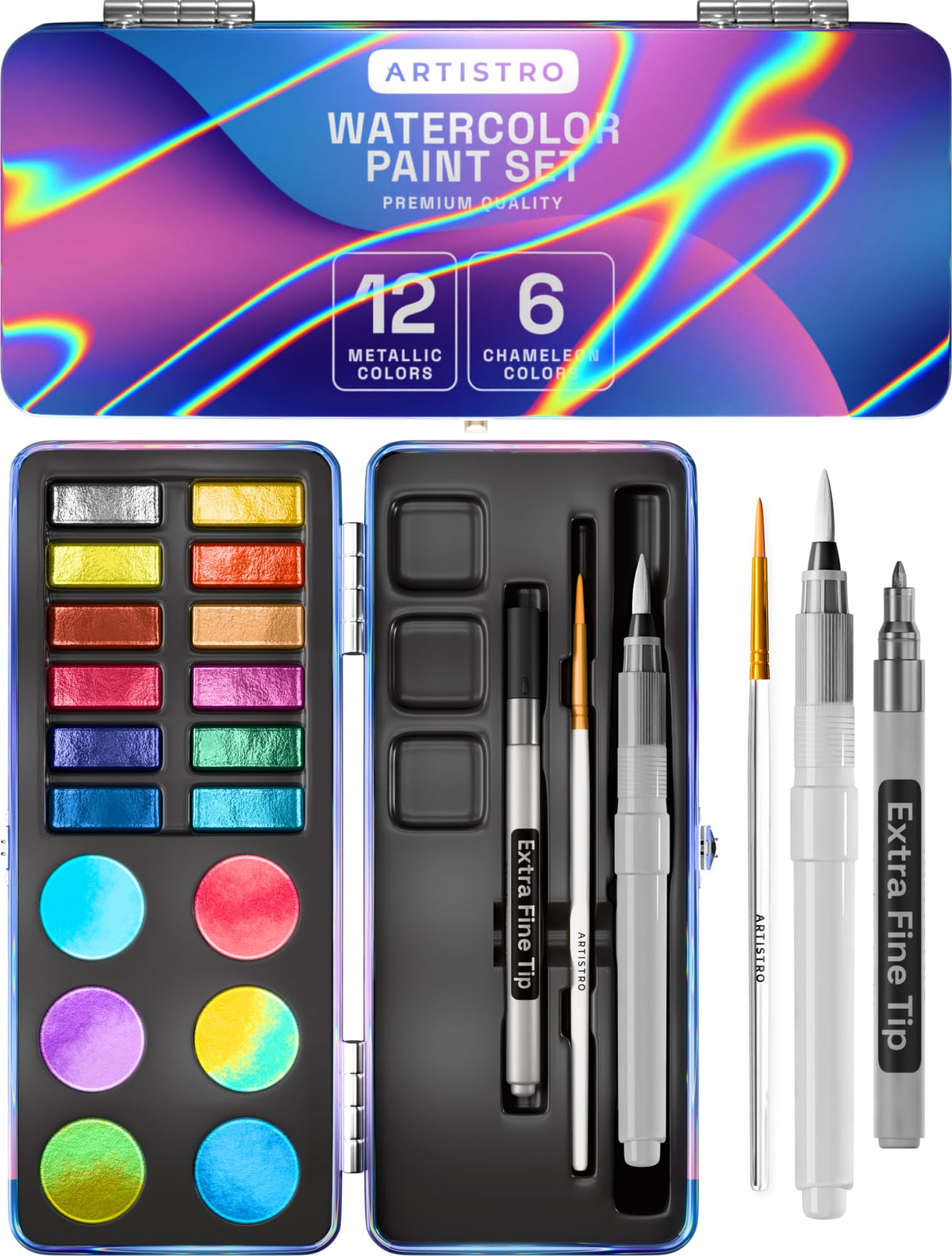 ARTISTRO Metallic Watercolor Paint Set with Palette & Brush Pens - 18 Color
