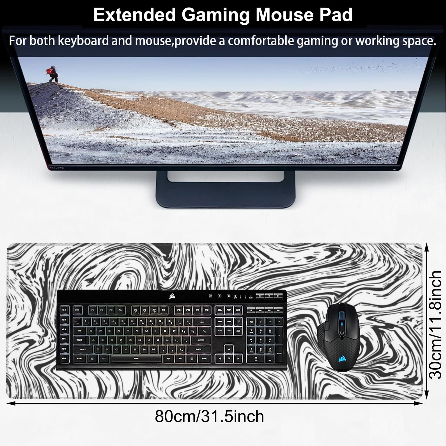 Black and White Marble Desk Mat,Large Abstract Marble Texture Gaming Keyboard Mouse Pad,Non-Slip