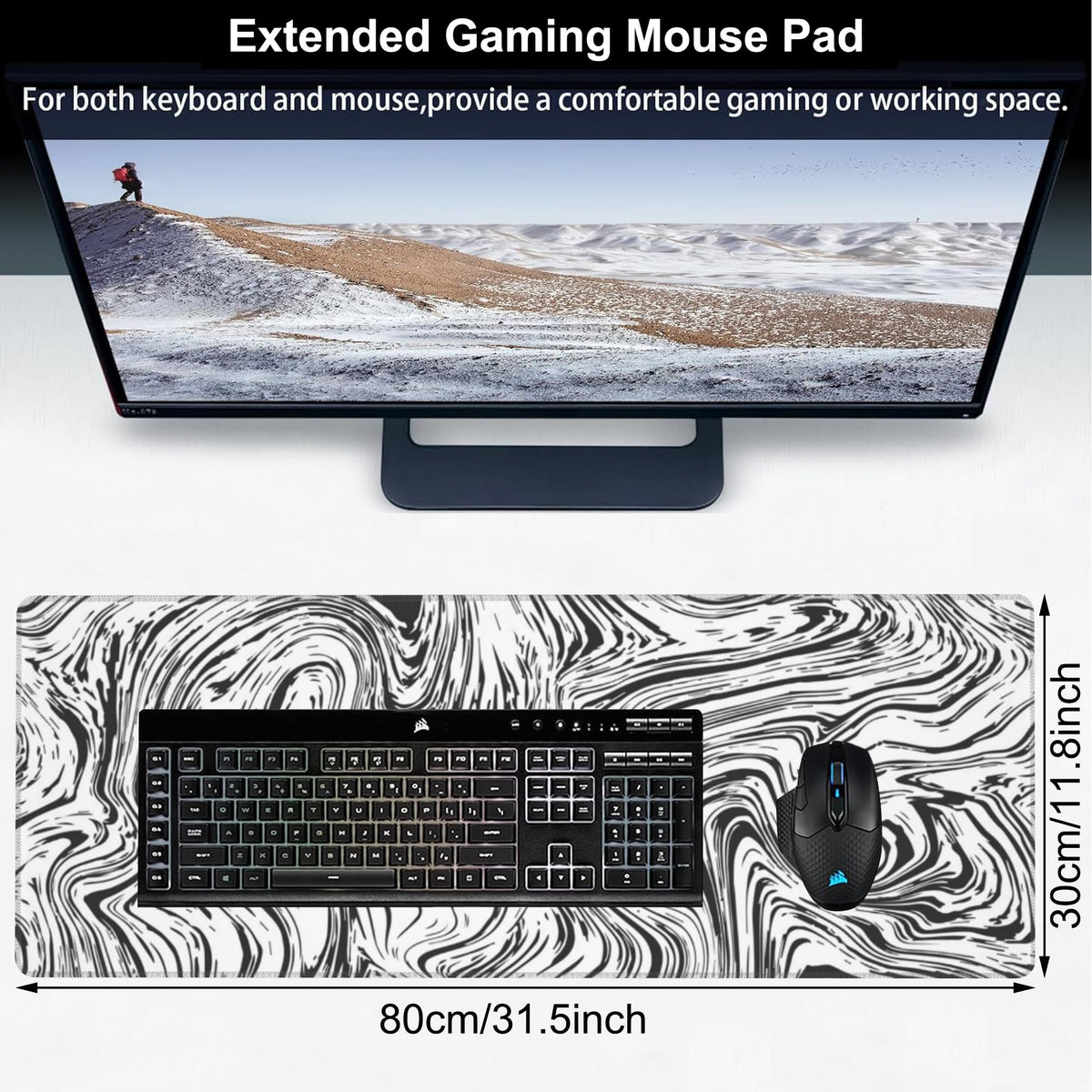 Black and White Marble Desk Mat,Large Abstract Marble Texture Gaming Keyboard Mouse Pad,Non-Slip