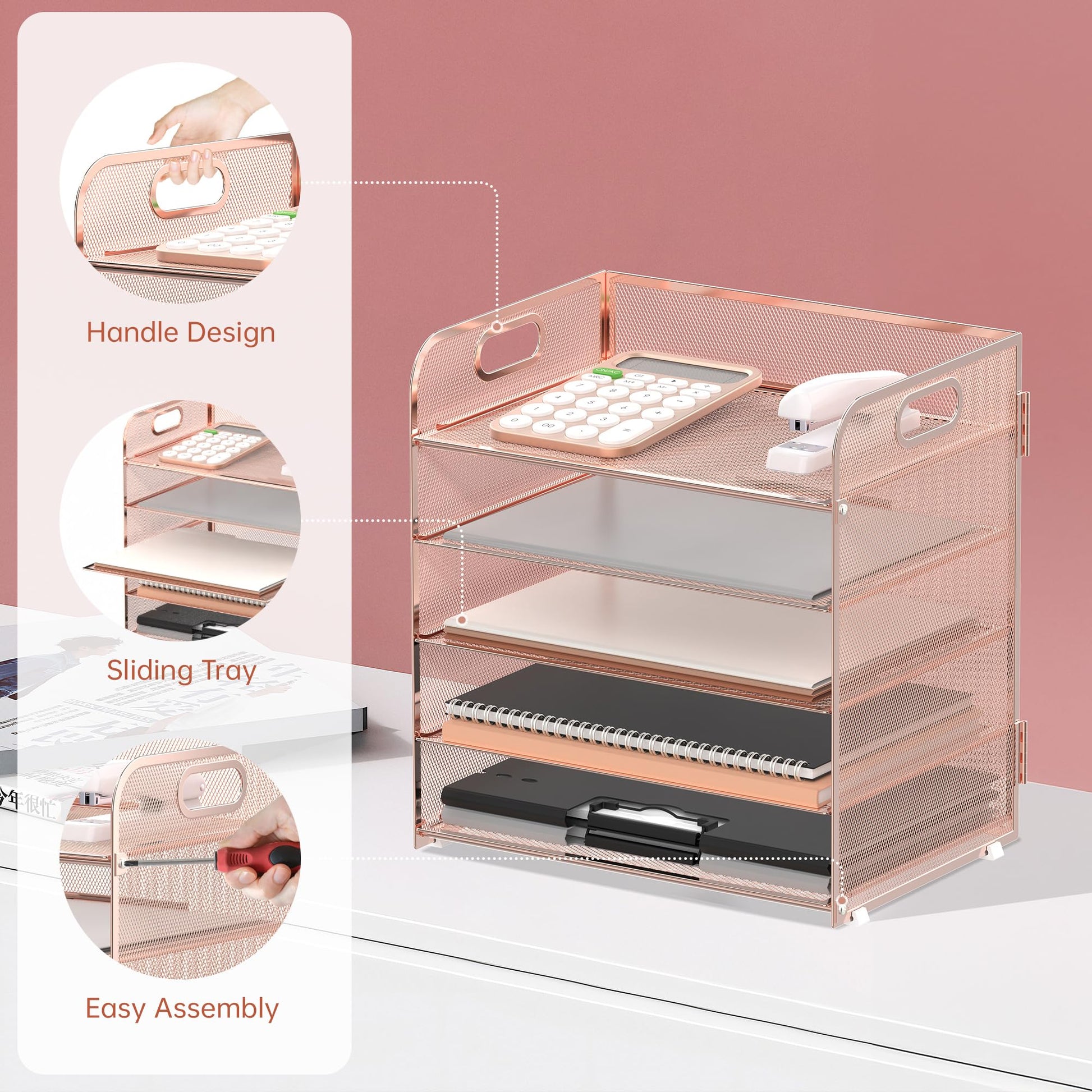 Supeasy 5 Trays Paper Organizer Letter Tray with Handle-Mesh Desk File Organizer, Paper Sorter Desk