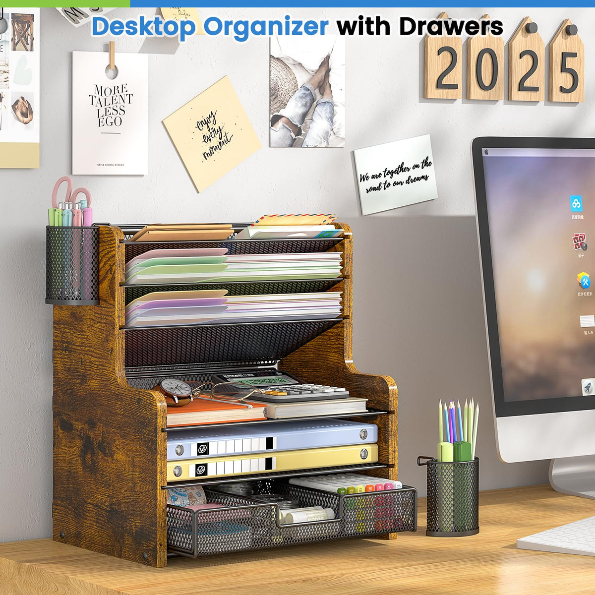 DAOUTIME 6-Tier Mesh Desk Organizer with Drawer, Wooden Office Organizer for Papers, Folders &