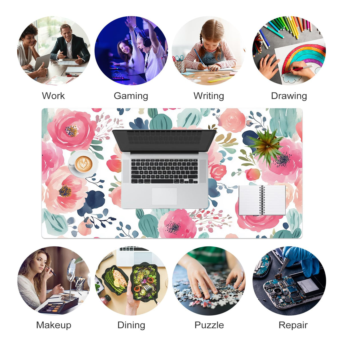 Faux Leather Large Mouse Pad, Office Desk Mat, 31.5"x15.7", Pink Floral