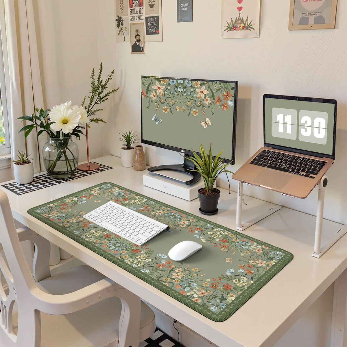 HAOCOO Dark Green Floral Desk Mat, XL Mouse Pad for Keyboard, Non-Slip Base