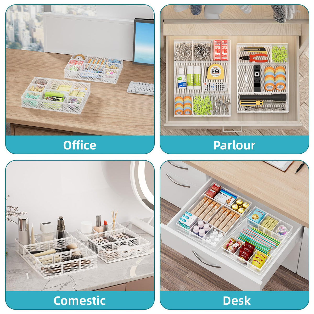 Marbrasse 2 Pack Desk Drawer Organizer, Mesh Drawer Organizer Tray with 8 Adjustable Compartments