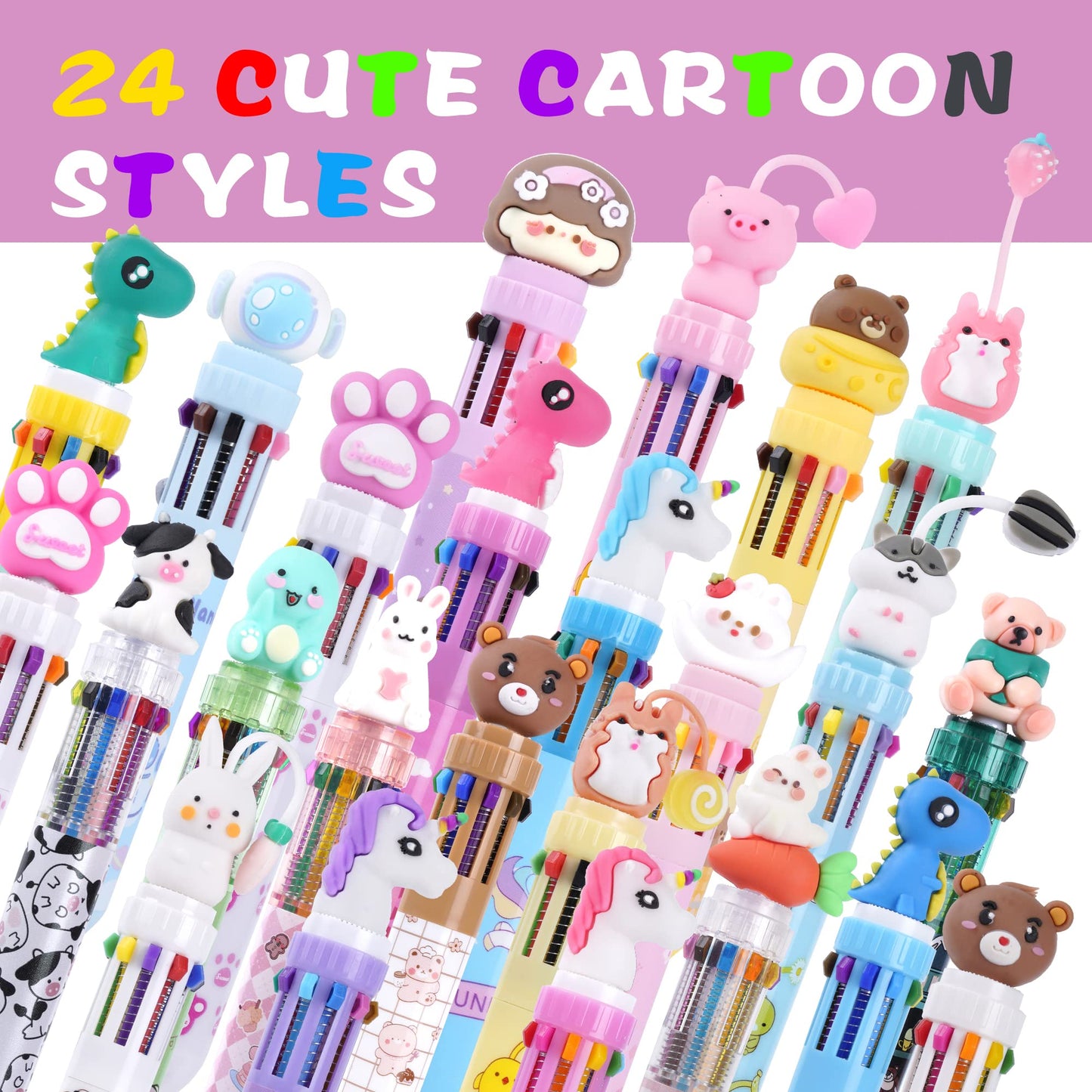 Kolewo4ever 24 Pieces Multicolor Ballpoint Pens 10-in-1 0.5mm Retractable Ballpoint Cartoon Pens