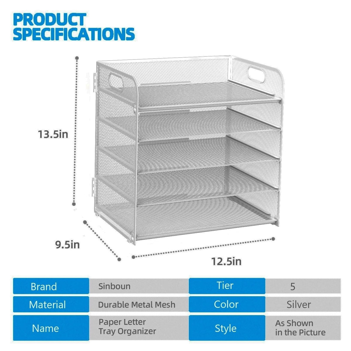 Letter Tray Paper Organizer 5-Tier Desk Organizer File Organizer Paper Holder with Handle, Metal