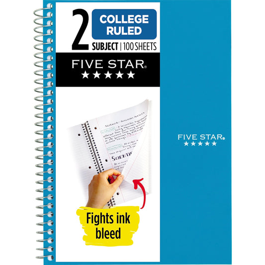 Five Star Small Spiral Notebook, 2 Subject, College Ruled Paper, 9-1/2" x 6", 100 Sheets, Teal Blue