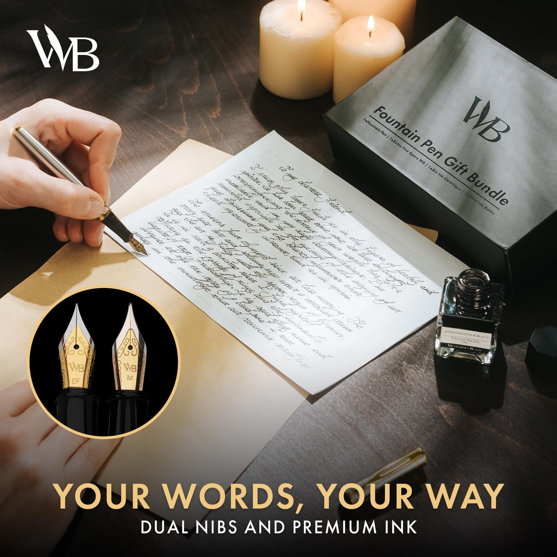 Wordsworth & Black Fountain Pen Gift Set, Medium & Extra Fine Nib, Silver Gold