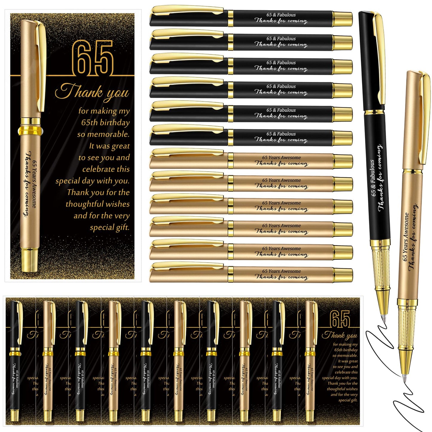 Feifeiya 30 Set 65th Birthday Favors with Black Gold Pens Cards