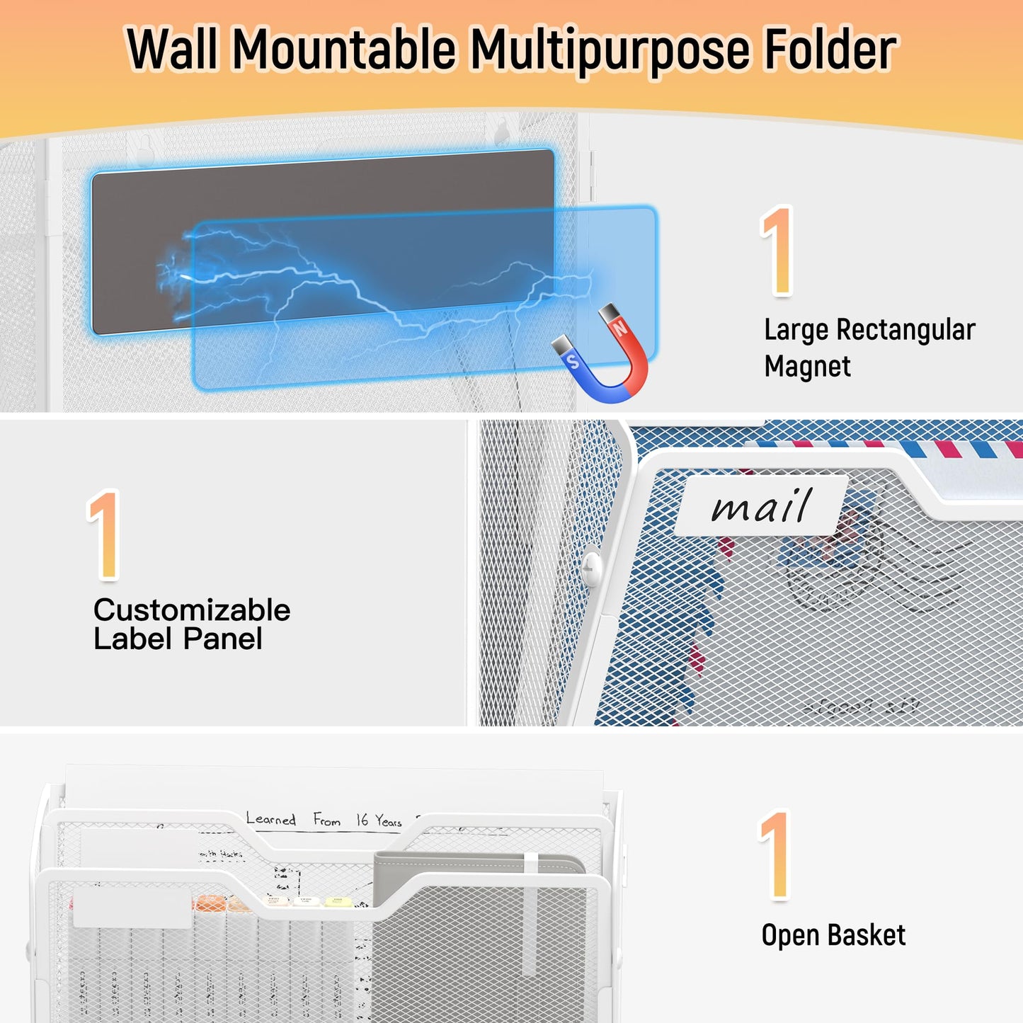 Docnest 3 Pack 2 Tier Dual-Mount Magnetic Mesh File Holders, Wall Organizer