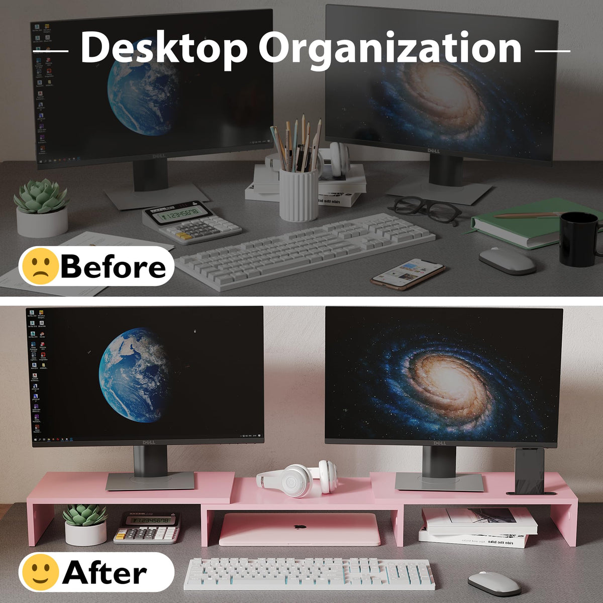 BONTEC Dual Monitor Stand Riser, Adjustable Length & Swivel Angle, Pink