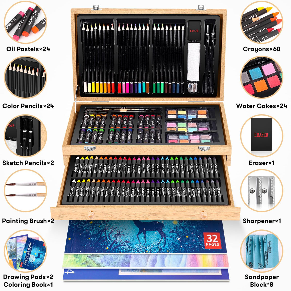iBayam 150-Pack Deluxe Wooden Art Set Crafts Drawing Painting Kit