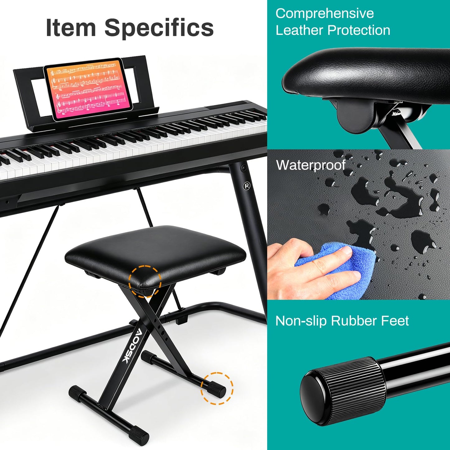 AODSK Keyboard Bench X-Style Cushion Padded,Piano Bench Adjustable Collapsible Stool Chair