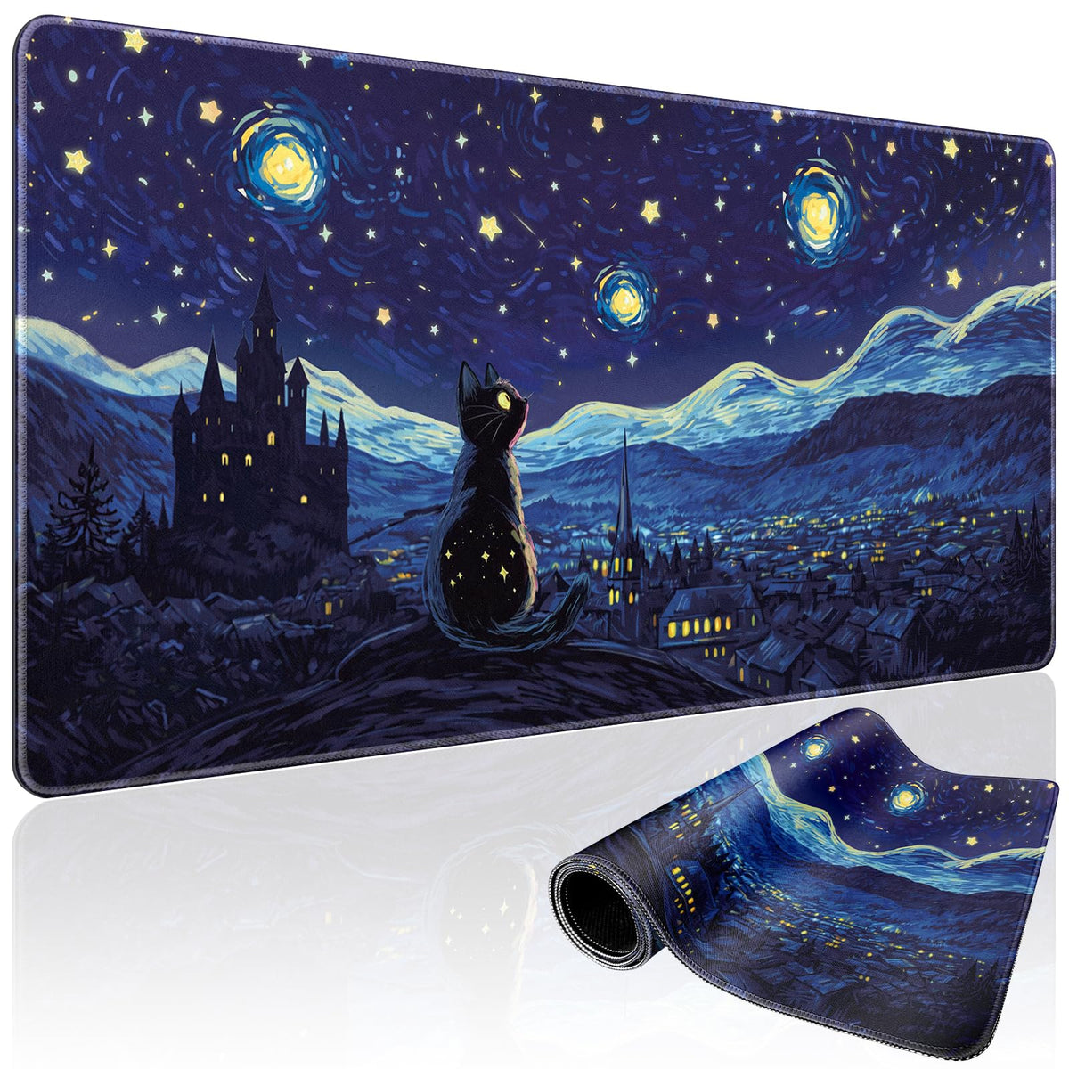 Mcapirivo Starry Night Cat Large Gaming Mouse Pad Desk Mat 31.5"x15.7"