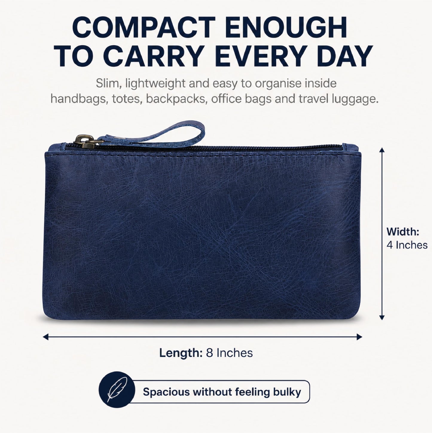 TheAntiq Blue Leather Pencil Pouch with Zipper - Slim Pen Holder (8" x 4" Inches), Coin Pouch &
