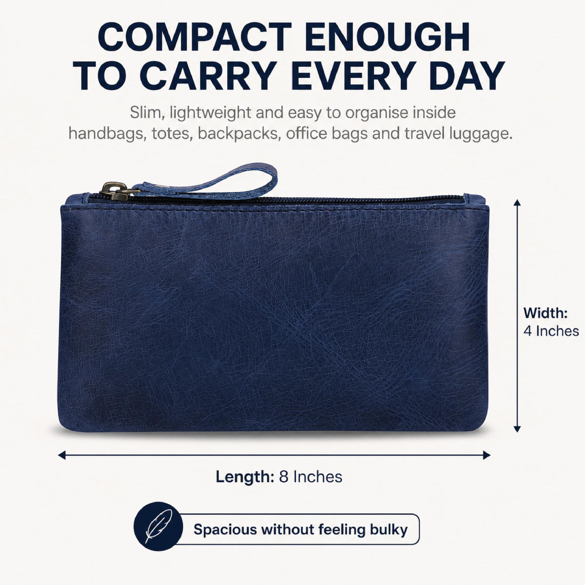 TheAntiq Blue Leather Pencil Pouch with Zipper - Slim Pen Holder (8" x 4" Inches), Coin Pouch &