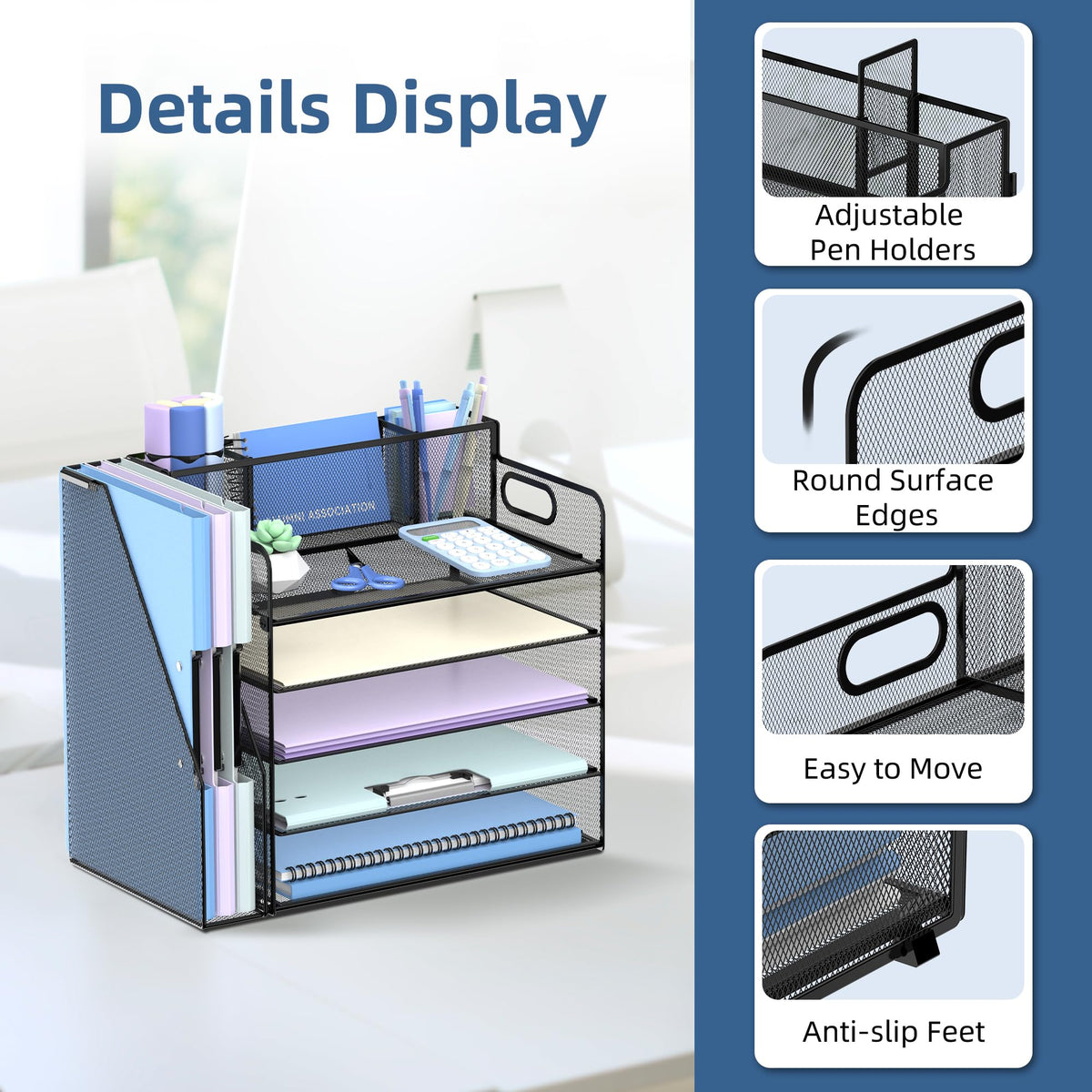4-Tier Desk Organizer with Paper Trays, Pen and Magazine Holders, Black
