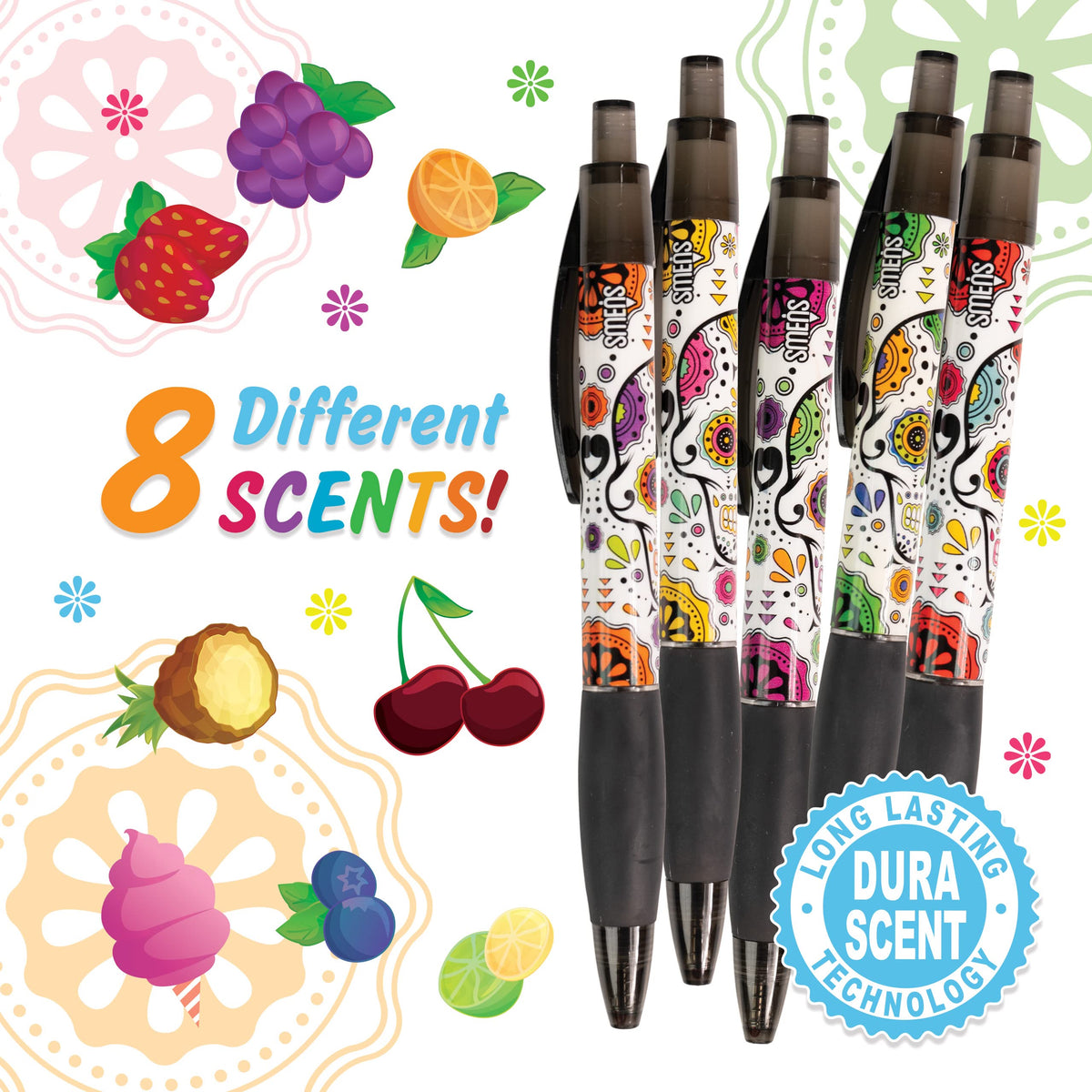 Sugar Skull Smens (2 Pack) - Scented Pens, Black Ink, Medium Point - 8 Count