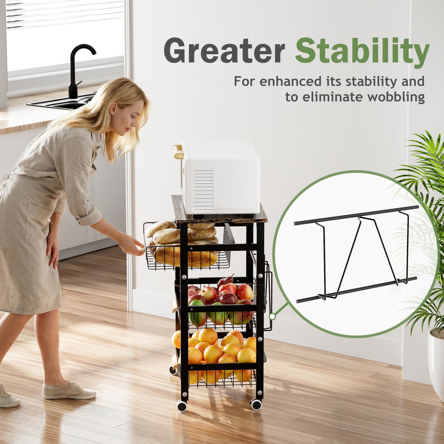 JAQ Fruit Vegetables Carts, 4-Tier Slide Out Metal Storage Baskets Stand Organizers with Wood Top