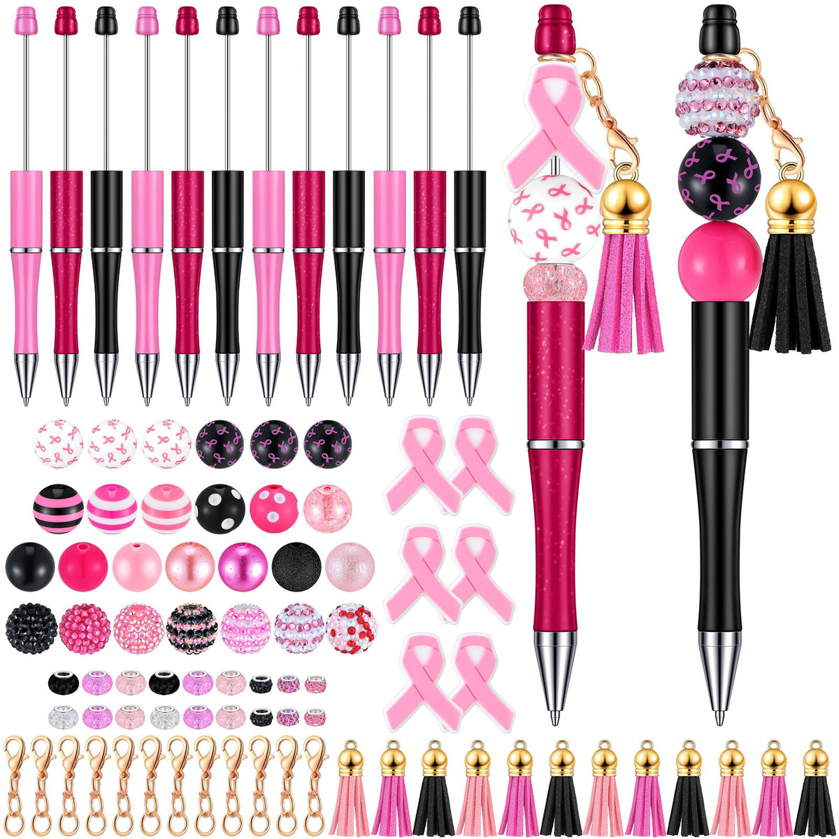 Tinlade 12 Beadable Pens Bulk with 50 Beads Multicolor DIY, Ribbon Style