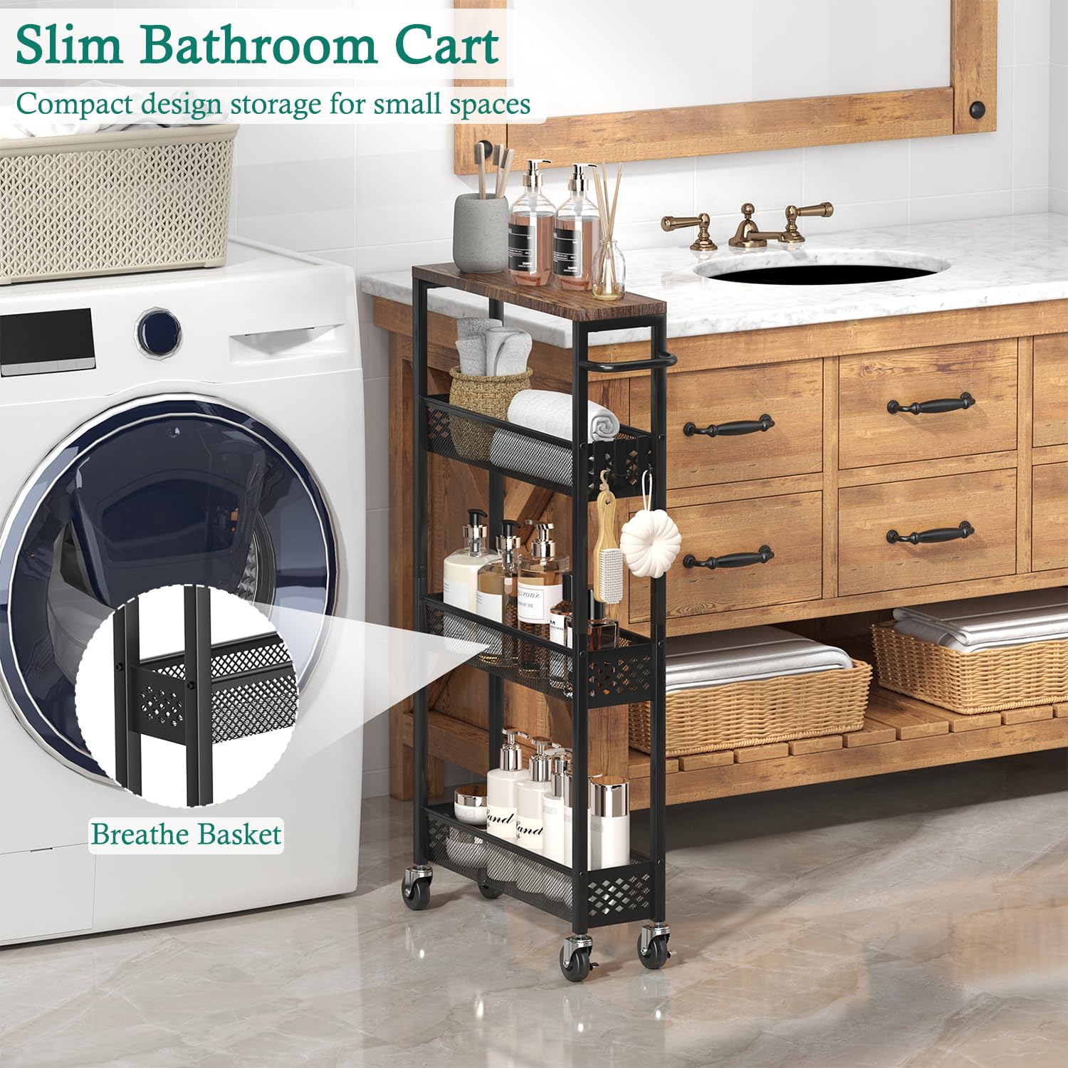 XYZLVSI Utility Slim Storage Cart on Wheels, 4 Tier Laundry Room Organizers