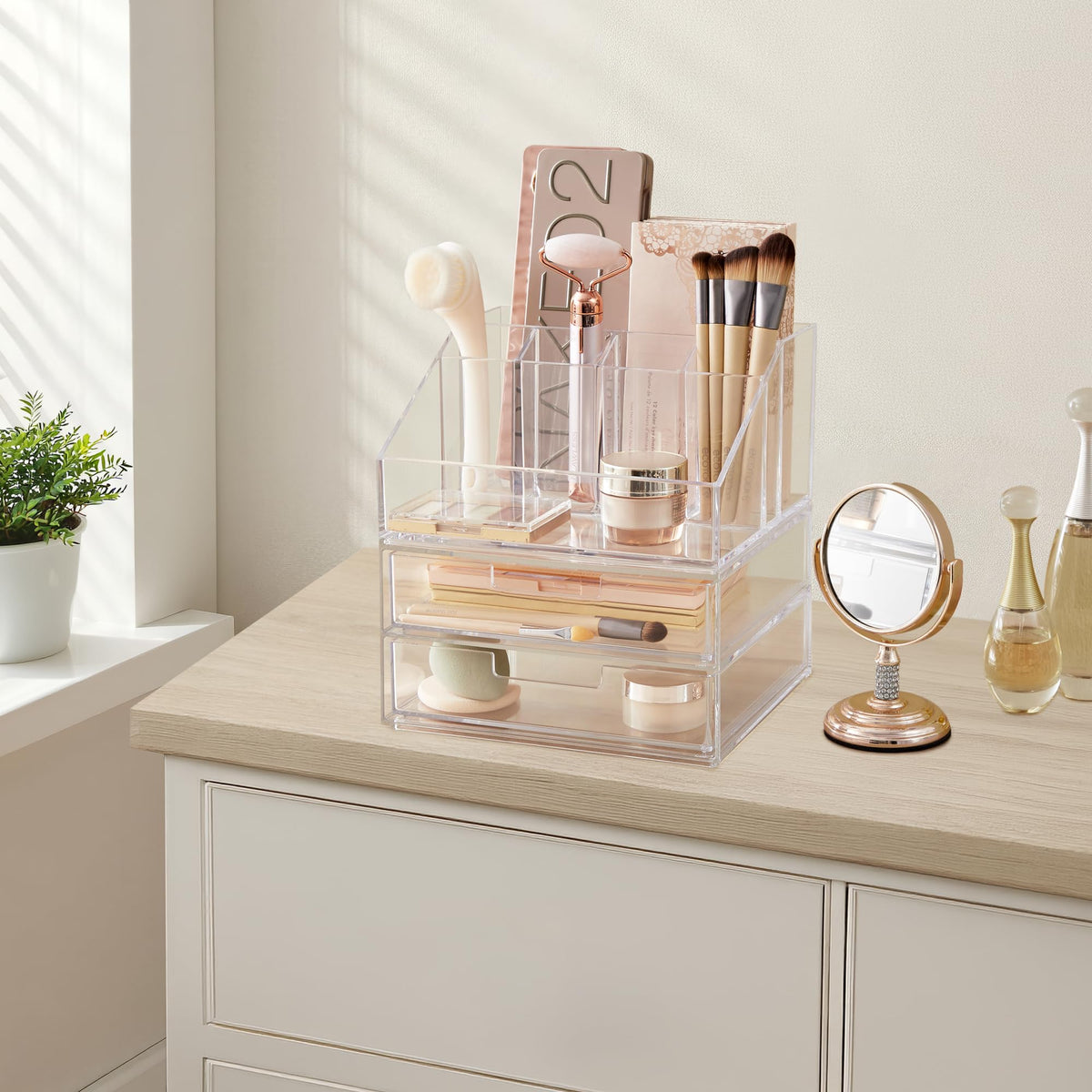 STORi Stackable Desk and Drawer Organizer, Clear, 6 Compartment Organizer with 2 Wide Drawers